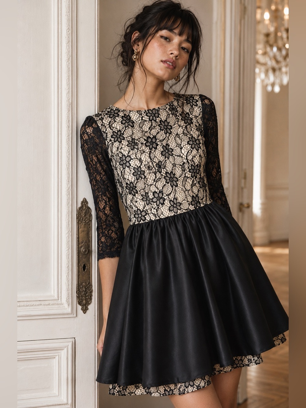Alice + Olivia Black Lace Fit & Flare Cocktail Dress Size 2 Silk Blend